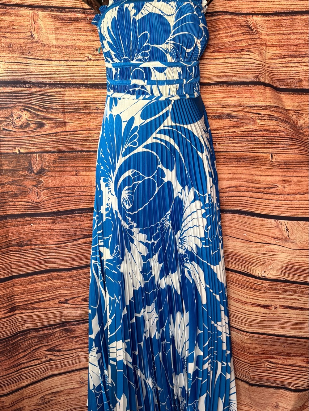 Taylor Blue and White Floral Pleated Maxi Dress